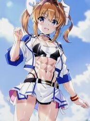 1girls abs ai_generated athletic_female brown_hair lyrical_nanoha magical_girl midriff nanoha_takamachi navel race_queen