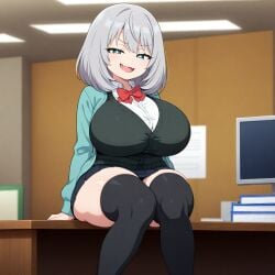 ai_generated blue_eyes huge_breasts looking_down_at_viewer school_uniform schoolgirl shoulder_length_hair silver_hair smug_grin teamrocktgrl tejina_senpai tejina_senpai_(character) tejina_senpai_(series) thick_thighs