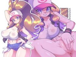 1girls absurd_res alternate_breast_size anus big_breasts bottomless breasts brown_hair clothed_masturbation clothing erect_nipples erect_nipples_under_clothes eye_contact female fingering hat hi_res hilda_(pokemon) kaikoinu large_breasts long_hair looking_at_viewer masturbation nintendo nipple_bulge pokemon pokemon_bw socks solo speech_bubble spread_legs thick_thighs thighs wide_hips