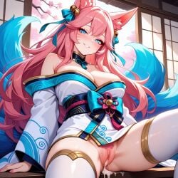 1girl, ahri animal_ears, bell, breasts, cum, cum_in_pussy, facial_mark, female_pubic_hair, fox_ears, hair_ornament, japanese_clothes, league_of_legends, long_hair, looking_at_viewer, pink_hair, pubic_hair, pussy, smile, solo, spirit_blossom_ahri tail, thighhighs,