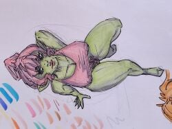 absurdres bra breasts covered_nipples exif_rotation female_pubic_hair goblin highres large_breasts mature_female nipples non-web_source pink_bra pink_hair pubic_hair puffy_nipples sitting thick_thighs thighs underwear