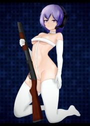 bare_hips black_border blue_background border breasts collar crotch_strap eyebrows eyelashes feet female full_body gun hair_between_eyes headgear holding holding_gun holding_shotgun holding_weapon kneeling martyr_(the_citadel) matching_hair/eyes nipples_visible_through_shirt purple_eyes purple_hair simple_background small_breasts solo solo_focus the_citadel the_martyr thighhighs thighs toes weapon white_collar white_thighhighs