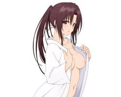 10s 1girls 2d artist_request blush body_blush breasts brown_eyes brown_hair clothing collarbone female_focus hair_between_eyes highres kujou_rin long_hair looking_at_viewer naked_shirt navel nipples open_clothes open_mouth open_shirt ponytail shiny_skin shirt simple_background small_breasts solo to_love-ru to_love-ru_darkness upper_body vector_trace wet white_background white_shirt wide_sleeves