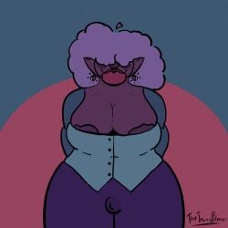 big_breasts big_lips big_lips_no_eyes bimbo bulge_through_clothing elf elf_ears elf_female futanari hands_behind_back ingens_labra purple_hair thetransblender thick_thighs tight_clothing