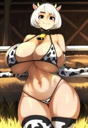 ai_generated barn bell bell_collar bikini black_eyes blush bob_cut breasts_bigger_than_head collar cow_ears cow_horns cow_print cowbell cute elbow_gloves hay headband hourglass_figure huge_breasts inside light_smile massive_breasts novelai seductive short_hair slight_smile smirk tgm101_(artist) thick_thighs thighhighs white_hair wide_hips