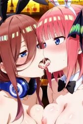 ai_generated blue_eyes blush breast_press bunny_ears bunny_girl cum_kiss french_kiss go-toubun_no_hanayome incest kissing large_breasts making_out mostly_nude nakano_miku nakano_nino open_mouth red_hair sisters sweat tongue tongue_kiss yuri