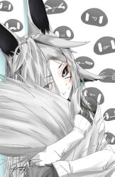 animal_ear_fluff animal_ears blush bunny_ears closed_mouth dya_rikku_(vtuber) eyebrows_visible_through_hair female fox_girl grey_eyes grey_hair hair_over_one_eye heart long_hair long_sleeves looking_at_viewer signature silver_hair smile solo sweater tail vyugen white_background