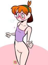 ahoge annoyed_expression blanaid_(dckiq) blank_background bottomless dckiq flower_eyes freckles ginger ginger_hair glasses green_eyes headband huff knee_up mosquito_bites no_panties no_pants pussy_blush pussy_exposed round_glasses simple_background skinny small_breasts tank_top very_small_breasts