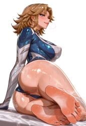 ai_generated arm_support ass bangs barefoot blonde_hair blue_eyes blush breasts censored closed_mouth feet female foot_focus foreshortening goldenhand large_breasts leotard lips looking_at_viewer looking_back marvel_rivals medium_hair mosaic_censoring pussy shiny shiny_clothes shiny_skin simple_background smile soles solo sue_storm sweat thighs toes wet white_background