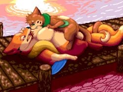 4:3 balls belly_on_belly big_balls bite breast_bite breast_play breasts buizel cream_belly digital_media_(artwork) duo female feral floatzel flygon_(artist) from_front_position fur generation_4_pokemon genitals hand_on_muzzle huge_balls lying male male/female missionary_position multi_tail nintendo ocean_pier on_back open_mouth orange_body orange_fur pier pink_water pixel_(artwork) pokemon pokemon_(species) ripparu sea sex sunset tail teeth water wood