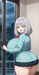 ai_generated blue_eyes huge_breasts school_uniform schoolgirl shoulder_length_hair silver_hair teamrocktgrl tejina_senpai tejina_senpai_(character) tejina_senpai_(series) thick_thighs