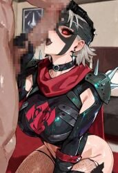 1boy ai_generated armor black_gloves breasts cape censored choker clothed_female_nude_male earrings female fishnets gloves goldenhand hand_on_another's_head jewelry large_breasts makeup malice_(marvel_rivals) mask mosaic_censoring nude official_alternate_costume open_mouth penis penis_on_face red_eyes red_scarf scarf short_hair shoulder_armor solo_focus spikes straight sue_storm thighhighs tongue tongue_out