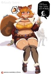 1girls andy_hero blush cleavage female heart_eyes large_breasts marvel marvel_rivals nut_(fruit) solo spanish_text squirrel_ears squirrel_girl_(marvel) squirrel_girl_(marvel_rivals) squirrel_tail thick_thighs wide_hips zettai_ryouiki