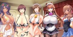 5girls abel_howlicia after_breast_sucking after_breastfeeding bed bedroom_eyes bell bowtie brown_hair chair cleavage clothed_female cow_bikini cow_girl cow_panties cow_print cowbell curtains demigoddess desk edited_image fukunaga_koharu game_cg gigantic_breasts hotel hotel_room huge_breasts hyper_breasts inami_mashiro kyonyuu_reijou_mc_gakuen large_breasts laugh long_hair madellie_parnepoli maid maid_apron maid_headdress maid_uniform massive_breasts motto!_haramase!_honoo_no_oppai_isekai_oppai_maid_gakuen! motto!_haramase!_honoo_no_oppai_isekai_oppai_meido_gakuen! multiple_girls necktie nonomiya_momoko saimin_class school_uniform schoolgirl schoolgirl_uniform sex_open_world_e_youkoso! shimai_tsuma_3 short_hair smiling_face sofa swimsuit teenager werewolf_girl wolf_ears