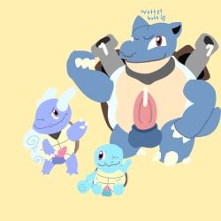 blastoise bodily_fluids cum ejaculation erection feral generation_1_pokemon genital_fluids genitals group hi_res male male/male nintendo penis pokemon pokemon_(species) reptile scalie shell size_difference smaller_male squirtle trio turtle turtle_shell wartortle wotter_bottle_(artist)