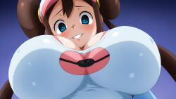 ai_generated big_breasts blush busty close-up creatures_(company) facing_viewer female female_only from_below game_freak hi_res highres huge_breasts looking_down nintendo poke_ball_print pokeball pokemon pokemon_(game) pokemon_bw2 pokemon_trainer print_shirt rosa_(pokemon) seraphim_ai solo stable_diffusion teeth upper_body white_shirt