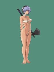 arms_behind_back axe bare_arms bare_legs barefoot breasts collar collarbone doekuramori feet female female_focus fingernails full_body green_background headgear martyr_(the_citadel) matching_hair/eyes medium_breasts official_art open_mouth pelvic_curtain purple_eyes purple_hair simple_background solo solo_focus standing teeth the_citadel the_martyr toenails toes weapon weapon_on_back white_collar