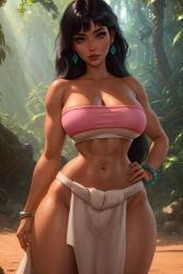 1girl 1girls ai_generated artist_request bandeau black_hair bracelet breasts brown_eyes chel clavicle cleavage collarbone dark-skinned_female dark_skin earrings female hand_on_hip hand_on_own_hip loin_cloth navel pelvic_curtain solo the_road_to_el_dorado thin_waist unknown_artist wide_hips