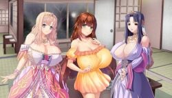 3girls bare_shoulders blue_dress breasts cleavage clothed_female conversation crossover discussion edited_image game_cg gigantic_breasts hotel_room huge_breasts hyper_breasts kyonyuu_fantasy kyonyuu_fantasy_gaiden kyonyuu_fantasy_gaiden_2 kyonyuu_onsen_kozukuri_no_yu luceria_von_diamante maou_ga_gendai_sekai_ni_tensei_shitara_oppai_o_medenakute_wa_naranaku_natta_ken married_woman massive_breasts mature_female multiple_girls night nipples_visible_through_clothing pink_dress queen rokusaanu_do_dejiiru ryokan tiara yawato_iroha yellow_clothing