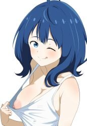 1girls ;p absurdres artist_name audirenze blue_eyes blue_hair breasts clothes_pull collarbone downblouse flashing flashing_breasts highres large_breasts licking long_hair looking_at_viewer make_heroine_ga_oo_sugiru! nipple_slip nipples no_bra one_breast_out one_eye_closed puffy_nipples shirt shirt_pull simple_background sleeveless tank_top tank_top_pull teasing tongue tongue_out white_background white_shirt yanami_anna