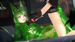 1boy 1girls aether_(genshin_impact) anal_sex cum cum_in_ass cum_inside gloves green_body hoshimi_miyabi hoyoverse orgasm_face prone_bone pushing qua slime slime_girl transparent_body zenless_zone_zero