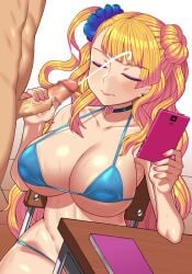 1boy bikini black_choker blonde_hair blue_bikini blue_scrunchie blush breasts cellphone censored chair choker cleavage closed_eyes closed_mouth collarbone commentary_request cum desk earrings ejaculation female foreskin galko gyaru hair_ornament hair_scrunchie handjob heart heart_choker holding holding_phone jewelry large_breasts long_hair mosaic_censoring multitasking notebook nt00 oshiete!_galko-chan penis phone pink_nails school_chair school_desk scrunchie sitting smartphone solo_focus straight swimsuit