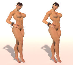 3d asian barefoot bracelet breasts brown_hair capcom chun-li double_bun earrings feet female female_only female_pubic_hair full_body gradient_background hair_bun hands_on_hips highres human kou large_breasts muscles muscular_female navel nude parallel_stereogram perky_breasts pubic_hair solo spiked_bracelet stereogram street_fighter toes toned