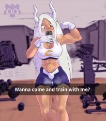 abs boku_no_hero_academia bunny_ears bunny_girl dark_skin evil_raccoon gym gym_clothes long_hair miruko muscles muscular muscular_female my_hero_academia phone red_eyes rumi_usagiyama selfie sweat sweatdrop sweating sweaty usagiyama_rumi white_hair