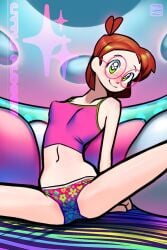 1girls abstract_background ahoge blanaid_(dckiq) colorful colorful_background crop_top cropped_tank_top cute cute_pose dckiq female flower_eyes freckles ginger ginger_hair glasses green_eyes leaning_on_arm legs_apart legs_spread lisa_frank looking_at_viewer midriff neon_colors no_pants one_leg_up pale-skinned_female panties patterned_panties patterned_underwear perky_nipples petite pillows presenting_pussy red_hair redhead round_glasses short_hair sitting sitting_on_couch skinny slim small_breasts smile spread_legs tank_top teenager young