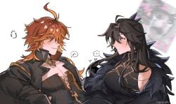 1boy 1girls beens_1995 big_breasts black_hair blush breasts capitano_(genshin_impact) clothed clothes clothing female fur_coat genderbent genderswap_(ftm) genderswap_(mtf) genshin_impact jacket larger_male male mavuika_(genshin_impact) no_mask red_hair rule_63 shorter_male sitting sitting_on_lap sitting_on_person smaller_female smile smiling taller_male