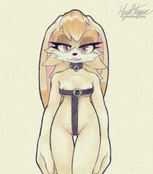 anthro barely_visible_nipples bedroom_eyes choker clothed clothing female glairedaggers harness jewelry lagomorph leather leather_harness leporid mammal mostly_nude narrowed_eyes necklace nipples pinup pose rabbit seductive sega skimpy solo solo_focus sonic_(series) sonic_the_hedgehog_(series) vanilla_the_rabbit