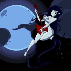 adventure_time axe big_breasts black_hair breasts casual electric_guitar female full_moon grey_skin grimphantom guitar long_hair marceline moon musical_instrument nipples nude pale_skin playing_instrument red_eyes solo vampire weapon