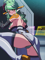 ass blush breasts chelsea_(phantasy_star_universe) female gloves green_hair highres large_breasts nipples phantasy_star_universe pudding_delices pussy sideboob solo thighhighs thighs