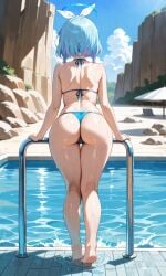 ai_generated arona_(blue_archive) back_view bare_thighs big_ass big_butt bikini blue_archive blue_hair boob_equality curvaceous curvy_female fat_ass huge_thighs light-skinned_female light_skin multicolored_hair short_hair solo_female squatting sweat sweatdrop thick_thighs thighs