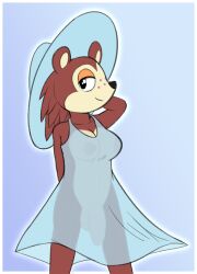 2025 animal_crossing anthro areola balls bent_arm black_eyes black_nose blue_background blue_clothing blue_dress blue_hat blue_headwear border breasts brown_body brown_fur closed_smile clothing collarbone colored digital_media_(artwork) dress eulipotyphlan flaccid freckles front_view fur genitals glistening glistening_eyes gynomorph hand_behind_back hand_behind_head hat headgear headwear hedgehog heshieokf hi_res humanoid_genitalia humanoid_penis intersex mammal mouth_closed multicolored_body navel nintendo nipples no_pupils penis raised_arm sable_able simple_background small_breasts smile solo standing sun_hat sundress tan_body tan_inner_ear third-party_edit translucent translucent_clothing translucent_dress two_tone_body white_border white_glow white_sclera