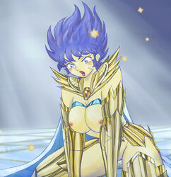 1girls areola armor blue_eyes blush breasts busty cancer_deathmask cape cleavage female gold_saints human lipstick long_hair makeup nipples no_bra reverse_bikini_armor rule_63 saint_seiya shounen_jump topless voluptuous