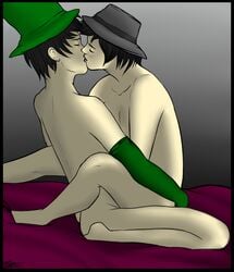 2boys artist_request ass bare_shoulders black_hat closed_eyes couple elbow_gloves gay gloves green_gloves green_hat hat hug human human_only kissing male male_only multiple_boys multiple_males neck nude once-ler romantic sex sitting the_lorax top_hat yaoi