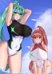 2girls bare_legs big_breasts bikini core_crystal glimmer_(xenoblade) momosuke_(user_pupa3454) mother_and_daughter nintendo one-piece_bikini pneuma_(xenoblade) red_eyes red_hair teal_eyes teal_hair xenoblade_(series) xenoblade_chronicles_2 xenoblade_chronicles_3 xenoblade_chronicles_3:_future_redeemed