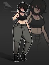 black_eyes black_hair breasts captainspades gray_pants prez project_wingman standing standing_on_tip_toes sweatpants