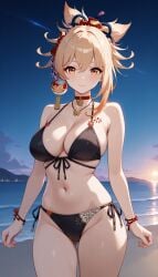 1girls ai_generated arm_tattoo bangs big_ass big_breasts big_butt bikini blonde_female blonde_hair blonde_hair genshin_impact hair_ornament high_resolution highres hoyoverse jasse tagme thighs yoimiya_(genshin_impact)