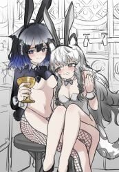 2girls animal_ears arknights bunnysuit fake_animal_ears female_only kjera_(arknights) pasties pramanix_(arknights) reverse_bunnysuit tail whate=3r