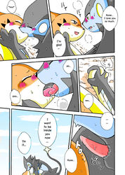 blue_eyes blush closed_eyes comic female floatzel french_kiss kemono kissing luxray male mikaduki_karasu nintendo penis pokemon pokemon_(species) redoxx sex translated video_games yellow_eyes