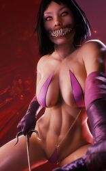 1girls 3d abs athletic_female big_breasts black_hair breasts female female_only fit fit_female fugtrup gloves katana large_breasts light-skinned_female long_gloves looking_at_viewer mask masked melee_weapon mileena mortal_kombat_11 revealing_clothes sai_(weapon) solo solo_female weapon