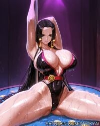 1girls ai_generated anime black_hair blue_eyes boa_hancock breasts fit long_hair money nsfw one_piece shounen_jump strip_club stripper stripper_pole