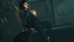 3d areolae big_breasts bioshock bioshock_infinite black_hair breasts breasts_out busty cleavage durabo elizabeth_comstock fallout female female_focus female_only hourglass_figure jumpsuit makeup nipples pale-skinned_female pale_skin pinup pinup_pose short_hair tagme vault_suit