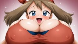 ai_generated big_breasts blush brown_hair bursting_breasts busty cleavage close-up creatures_(company) facing_viewer female female female_only flustered from_below game_freak hi_res highres huge_breasts looking_down may_(pokemon) nintendo open_mouth perky_breasts pokemon pokemon_(game) pokemon_rse pokemon_trainer red_bandana red_shirt seraphim_ai smile solo stable_diffusion sweat upper_body