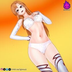 3d bra female igneuzz kneesocks light-skinned_female lingerie lingerie_only long_hair looking_at_viewer no_shoes orange_hair sword_art_online white_knee_socks white_lingerie yuuki_asuna