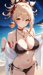 1girls ai_generated arm_tattoo bangs big_ass big_breasts big_butt bikini blonde_female blonde_hair blonde_hair genshin_impact hair_ornament high_resolution highres hoyoverse jasse tagme thighs yoimiya_(genshin_impact)