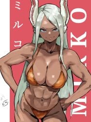 abs animal_ears artist_name bikini boku_no_hero_academia breasts character_name cleavage collarbone dark-skinned_female dark_skin enji_masterpie female hands_on_own_hips highres large_breasts long_eyelashes long_hair looking_at_viewer miruko navel orange_bikini parted_bangs rabbit_ears rabbit_girl red_eyes rumi_usagiyama solo stomach swimsuit thigh_gap thighs toned toned_female very_long_hair white_hair