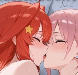 ai_generated blush closed_eyes french_kiss go-toubun_no_hanayome gotsuura incest kissing nakano_ichika nakano_itsuki open_mouth pink_hair red_hair sisters sweat yuri